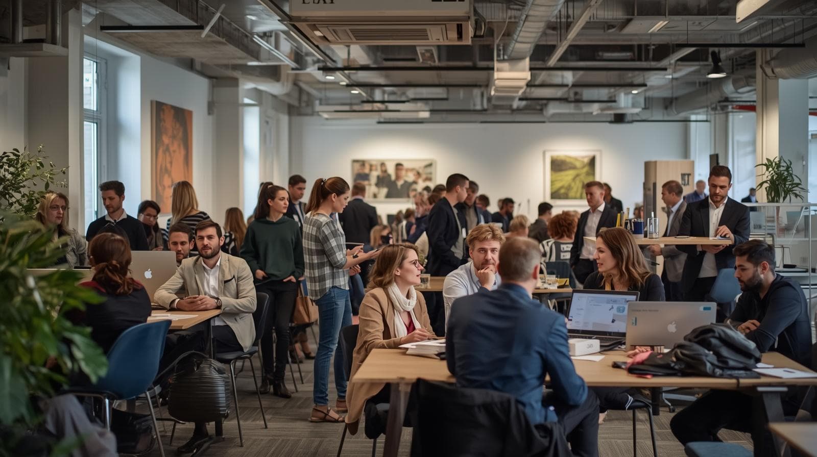 Berufstätige arbeiten konzentriert an Laptops und tauschen sich in einem modernen, belebten Großraumbüro aus.